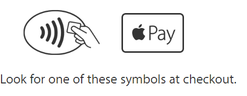 'look for one of these symbols at checkout', logos for contactless pay and apple pay